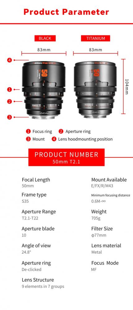  7Artisans 50mm T2.1 S35 Cine Objektiv fr Sony E  Perfekt fr Filmskapande