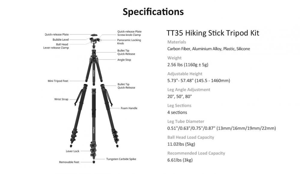  Ulanzi TT35 Kamerastativ 5i1-Kit Vandringsstavstativsats kolfiber