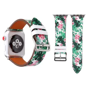  Armband för Apple Watch 38/40/41mm PU-läder gröna blad rosa blommor