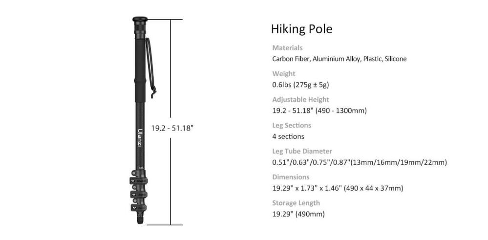  Ulanzi TT35 Kamerastativ 5i1-Kit Vandringsstavstativsats kolfiber