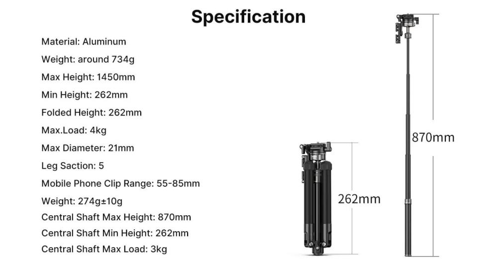  Ulanzi MT-63 Portabelt Kamerastativ 145cm med mobilhållare