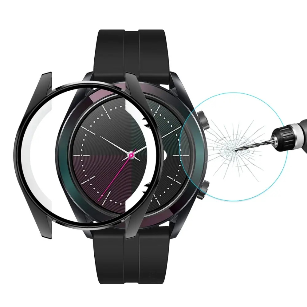Displayskydd med ram för Huawei Watch GT Elegant 42mm av härdat glas Svart