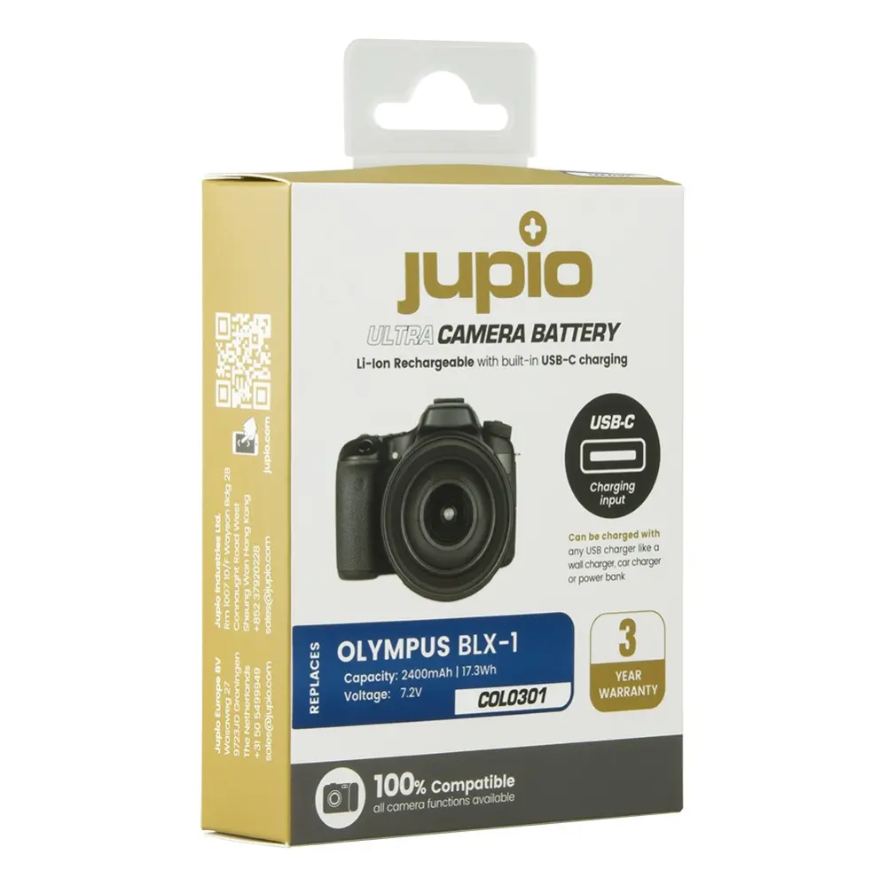Jupio kamerabatteri 2400mAh för Olympus BLX-1 USB-C input