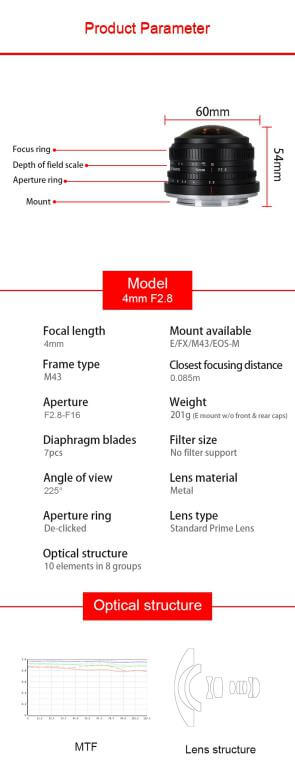  7Artisans 4mm f/2.8 Fisheye-objektiv APS-C fr Micro 4/3