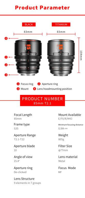  7Artisans 85mm T2.1 S35 Cine Objektiv fr Sony E  Perfekt fr Filmskapande