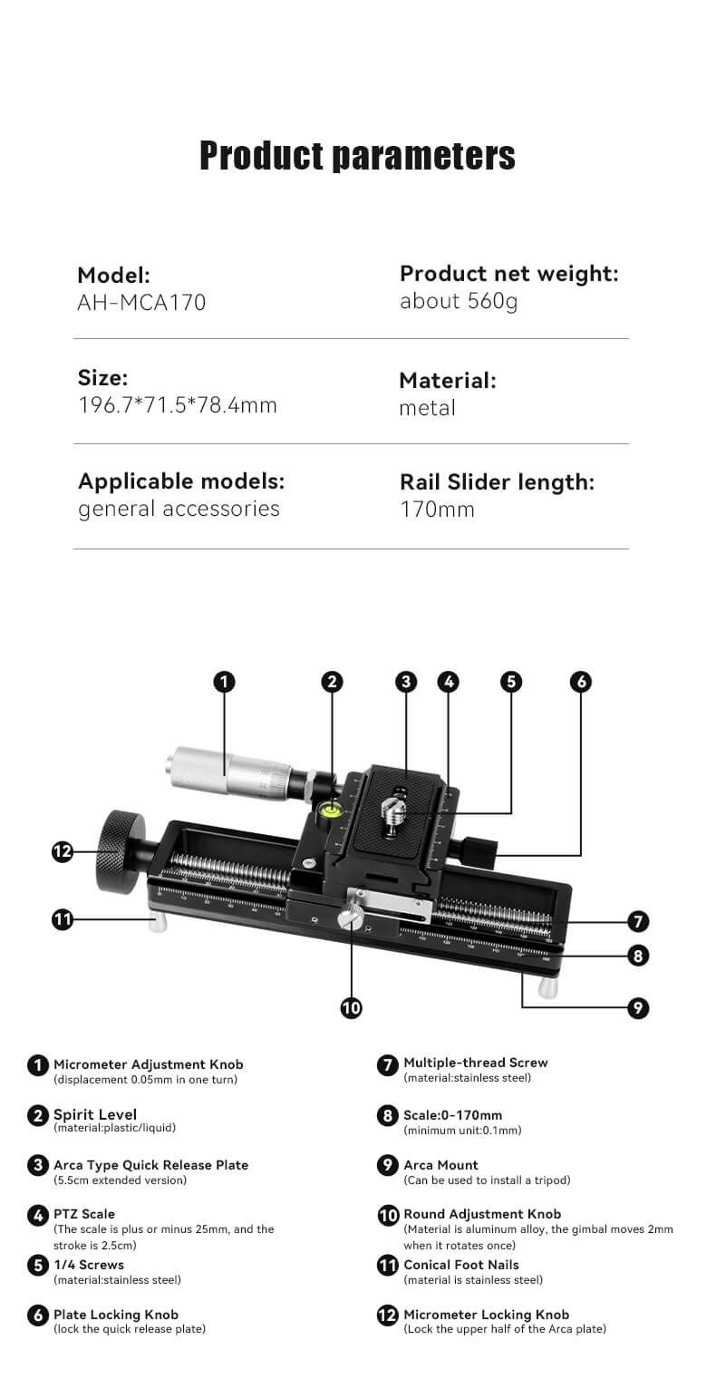  AstrHori AH-MGA170 Makrosläde med exakt Fokusjustering 0.05mm