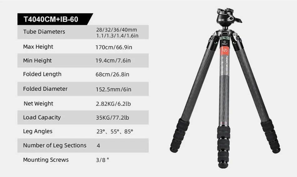  Sunwayfoto T4040CM Kolfiberstativ 161cm fr tung utrustning foto/jakt 40 kg