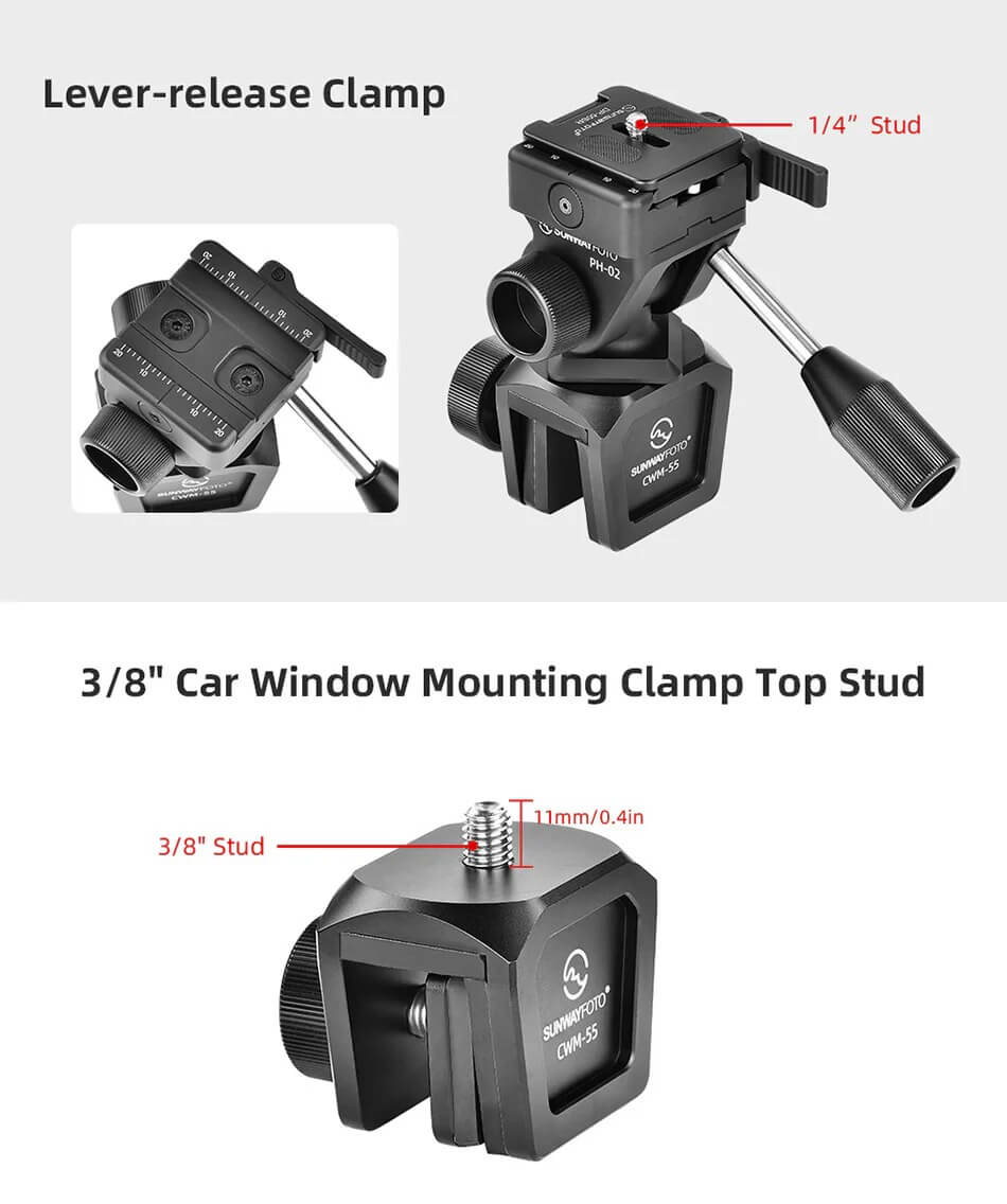  Sunwayfoto CWM-55 Bilfönsterfäste för stativhuvud med 3/8-gänga