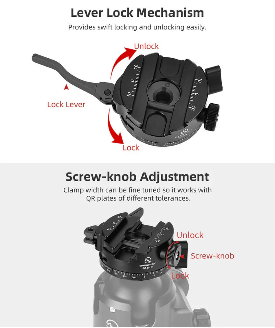  Sunwayfoto PC-58LP Fäste 360° Pan för Picatinny & Arca Swiss
