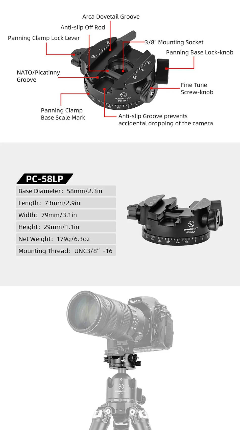  Sunwayfoto PC-58LP Fäste 360° Pan för Picatinny & Arca Swiss