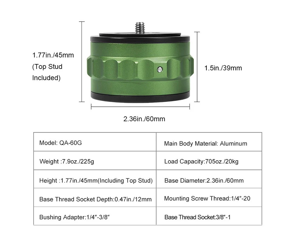  Sunwayfoto QA-60G 60mm Stabilisator QR-bas Snabbfste med 360 Rotation