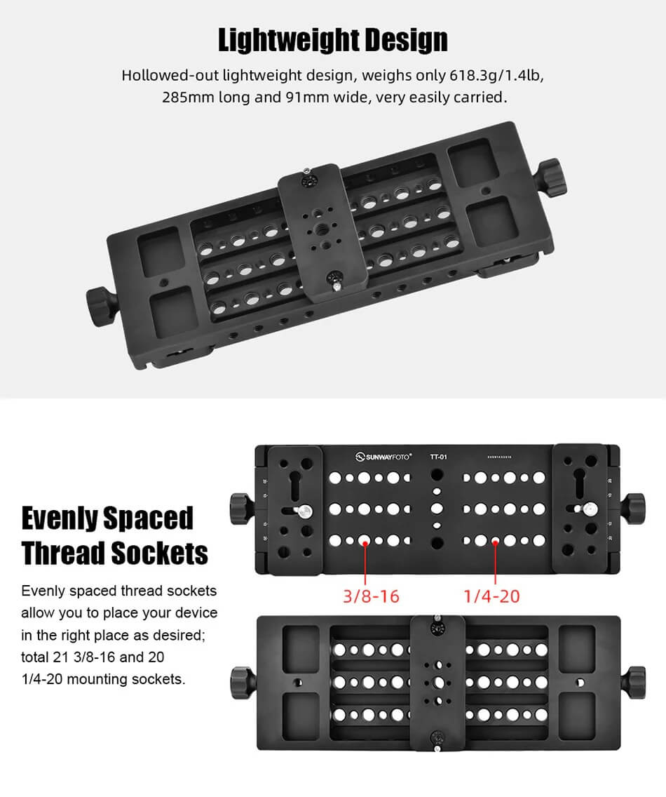  Sunwayfoto TT-01 Multifunktionell monteringsplattform 285x91mm med Arca-skena